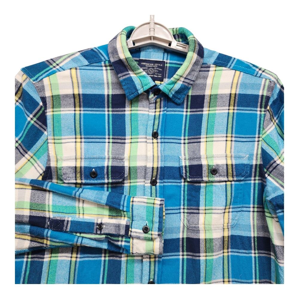 American Eagle Outfitters Men’s Medium Flannel Button Up Shirt Blue Plaid Cotton - Picture 2 of 16